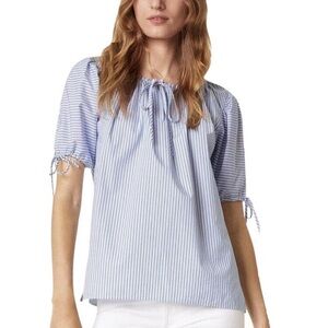 Tory Burch Ariana Short Puff Sleeve Blouse with Ties Blue Ombre Stripes XL